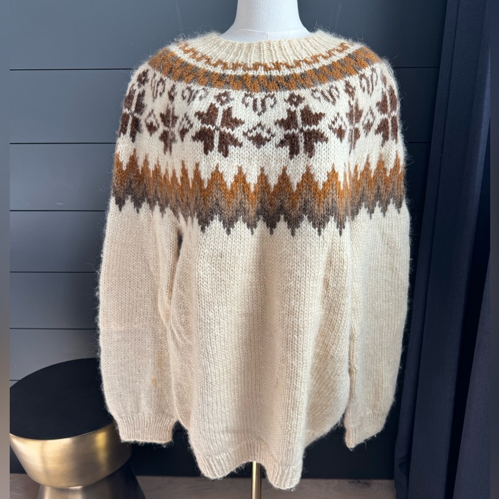 Wool Cream Brown Nordic Fair Isle Pattern Sweater Warm Winter Grandpacore